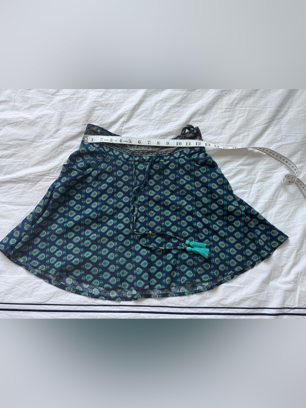 Women’s Navy Blue Printed Summer Skirt with Teal Tassel Tie
